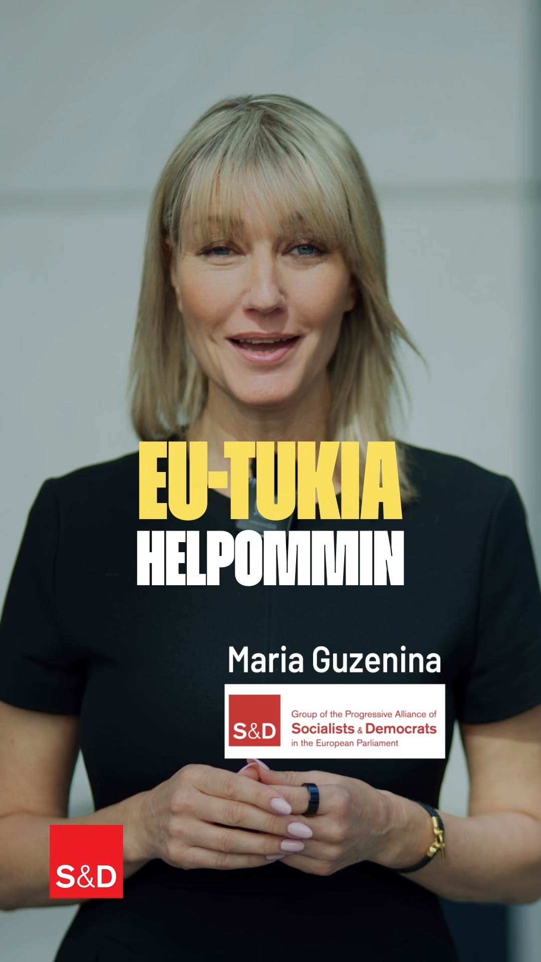 Vertical 9:16 social video frame: an MEP explainer filmed for the Finnish S&D delegation in the European Parliament